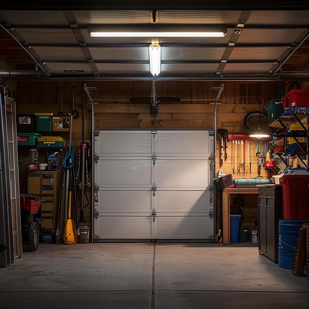 Garage interior with a closed white garage door, organized tools on wall shelves, bright overhead lighting, and a workbench, illustrating a well-maintained space for garage door maintenance and repairs.