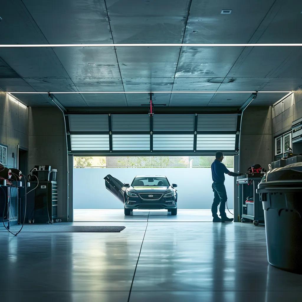 Garage interior with a car parked inside, technician performing maintenance, open garage door, modern design, emphasizing the importance of regular garage door tune-ups for safety and efficiency.