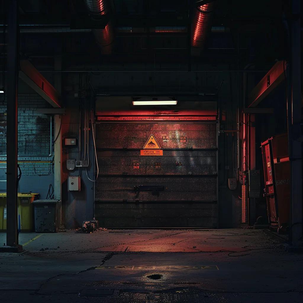 a dimly lit garage showcases a garage door ominously off its tracks, revealing exposed rollers and cables, while cautionary signage and safety gear lay visibly nearby, underscoring the urgent need for safety awareness.
