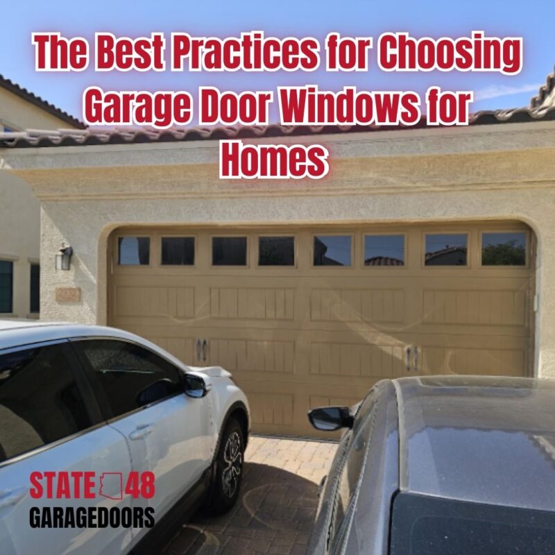 Garage door with windows enhancing curb appeal and natural light, featuring a beige finish and modern design, accompanied by two parked vehicles, representing best practices for selecting garage door windows.